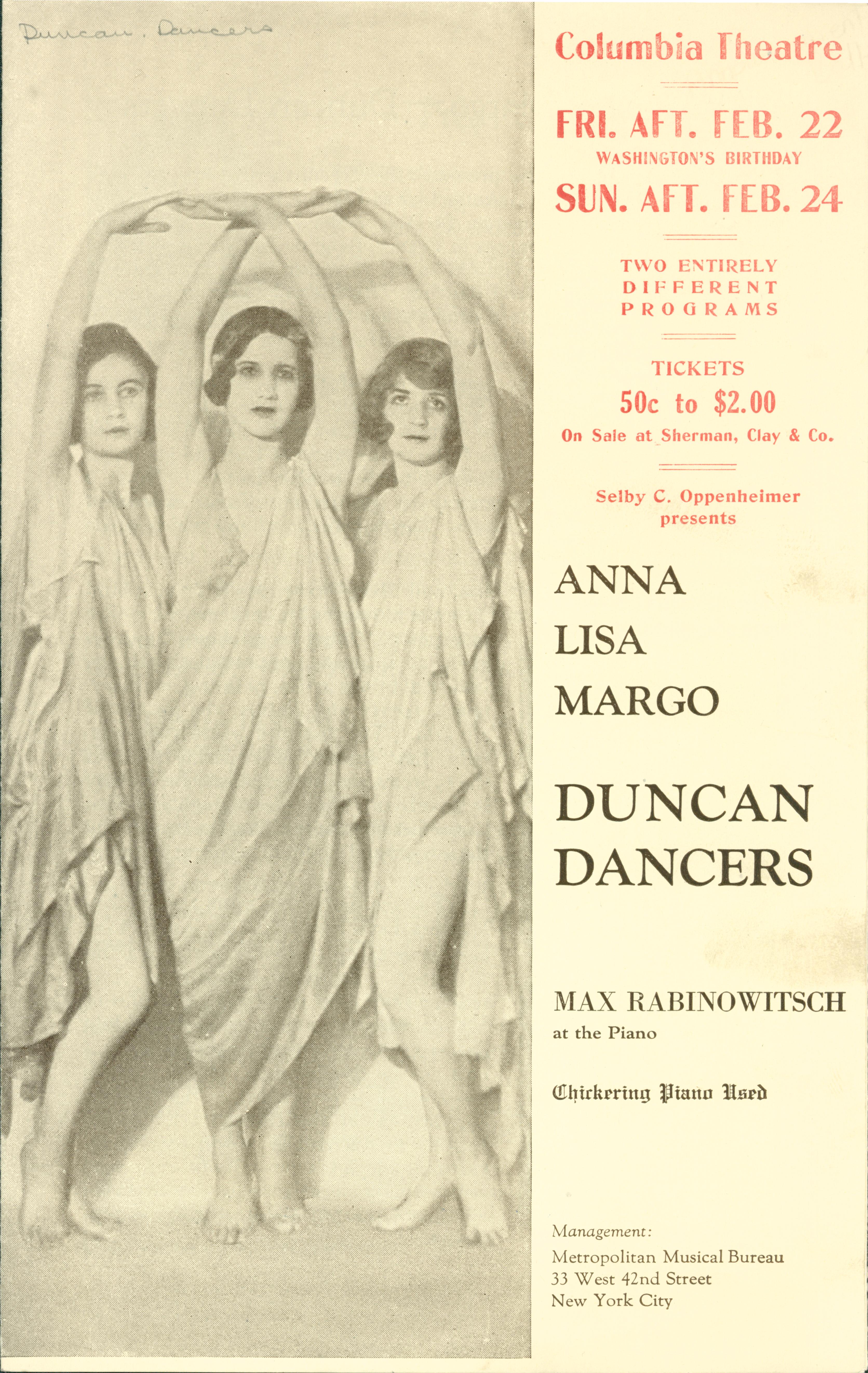 The front of this flier shows three dancers in vaguely grecian dress striking a pose. To the right the program lists the showtimes.